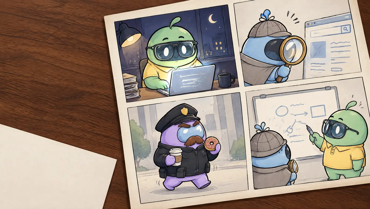 Comic pages on a wooden desk. Cheeky works late at a laptop, Peeky studies a website through a brass magnifying glass, the Officer strolls by with a coffee and a doughnut, and Peeky and Cheeky talk it through at a whiteboard.