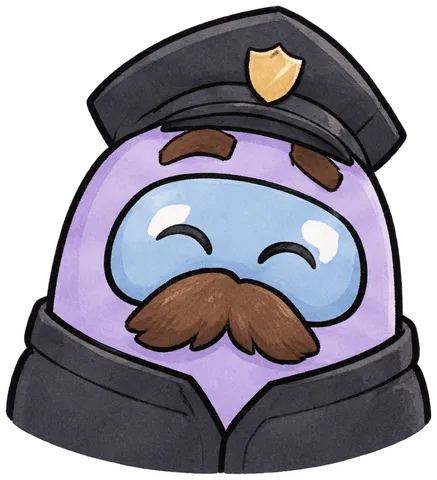 The Officer, lavender and moustached, gives a small reluctant smile.