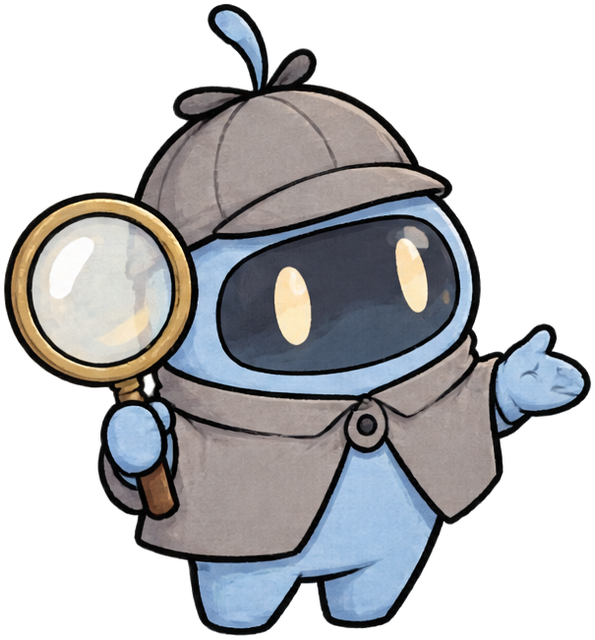 Peeky, magnifying glass in one hand, explaining with the other.